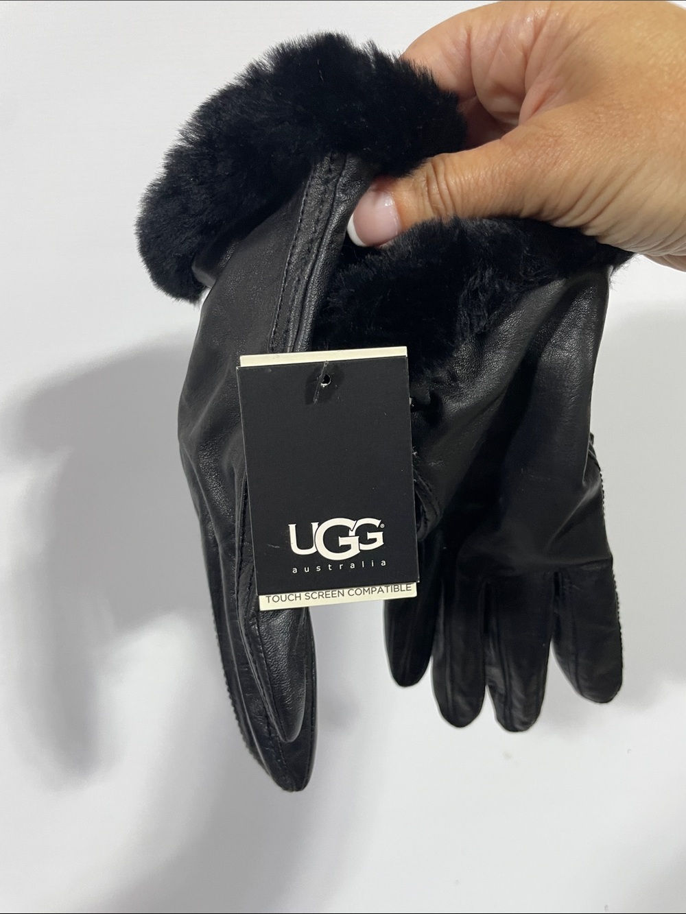 NWT UGG Black Leather Gloves with Shearling Cuff